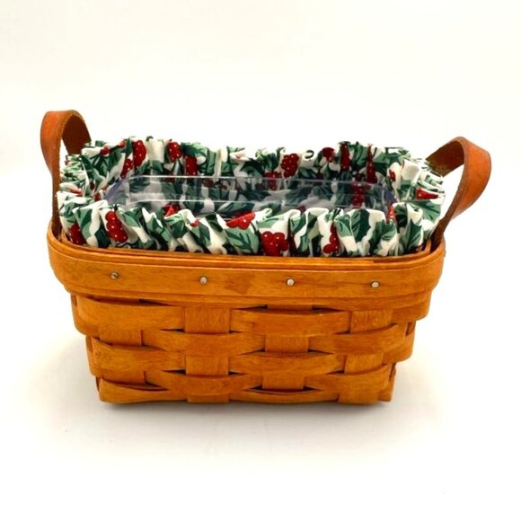 Vintage Longaberger Basket 1995 Rectangle Leather Handles Plastic & Holly Liners - Picture 1 of 11